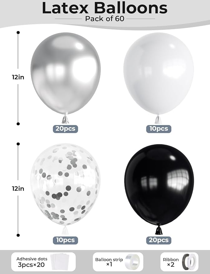 Black and Silver Balloons, 60 Pcs 12 In Metallic Silver, Black, White & Confetti Balloons for New Year’s Eve, Countdown Party, Christmas, Wedding, Birthday, Graduation, Anniversary Decorations