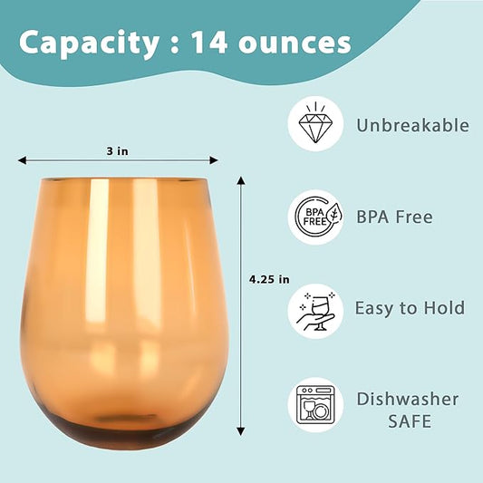Lily's Home Set of 8 Shatter-Resistant Acrylic Stemless Wine Glasses - 14 oz for Poolside, Parties, Patio & Outdoor Indoor Use, BPA-Free Plastic Drinkware in Mixed Colors