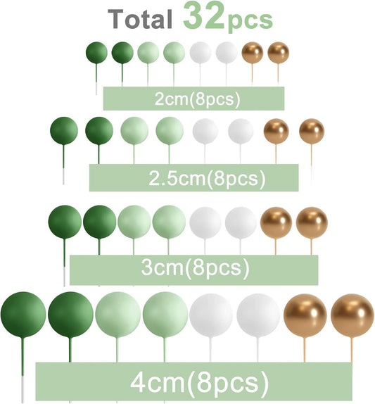 ASTARON 32 Pcs Ball Cake Topper Decorations Mini Balloons Cake Topper Sticks Foam Balls Cake Picks Cake Topper Balls Cake Decorations for Wedding Party Birthday Cake Decorating (Green Gold)