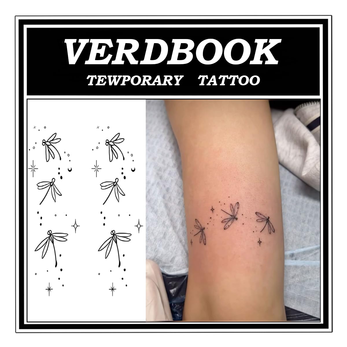 Waterproof Temporary Tattoos: 2-Sheet Tattoo Kit with Realistic Body Stickers, Semi-Permanent Tattoos for Adults Lasting 7-15 Days – Safe for Men & Women, Dragonfly Stars