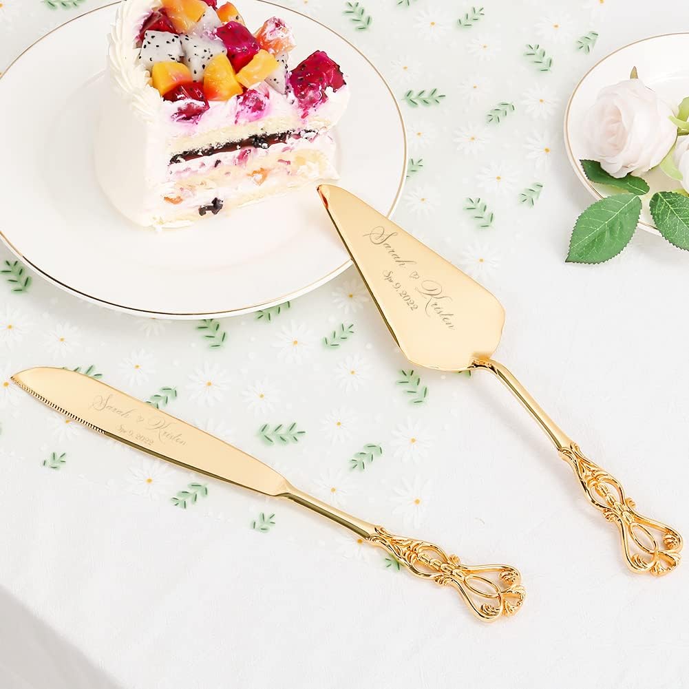 Wedding Cake Knife and Server Set, Personalized Gold Cake Cutting Set for Wedding, Engraved Classic Cake Knives Cutter Set, Pie Pastry Server, Birthday Bridal Gift (CUS-Crown)