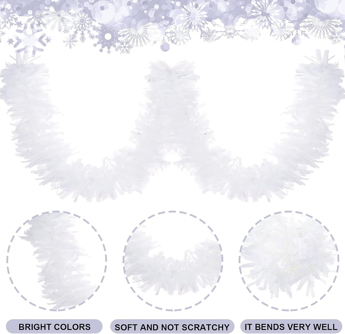 Sosation 100 ft Christmas Tinsel Garland Christmas Tree Twist Garland Bulk Glitter Metallic Streamer Indoor Outdoor Hanging Xmas Decorations(White)