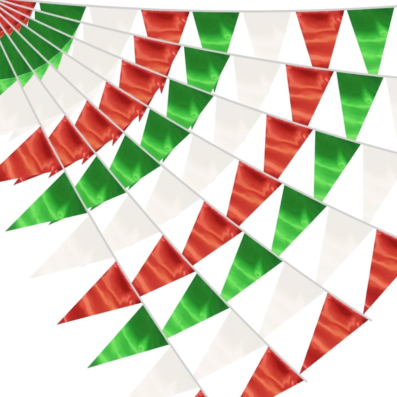 40M/130FT White Green Red Triangle Pennant Banner Flag Metallic Fabric Bunting Garland for Christmas Italy Mexican Birthday Baby Shower Wedding Banners,New Years Winter Decor Ouruola