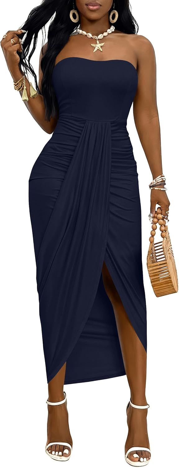 Umenlele Women's Strapless Ruched High Waist Wrap Split Asymmetrical Beach Maxi Long Dress