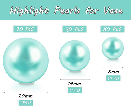 150Pcs Lake Blue Polished No Hole Faux Pearl Beads for Vase Filling Decorations, Plastic Pearls Vase Fillers, Table Scatters, Wedding Centerpiece, Home Decor, 8/14/20 mm