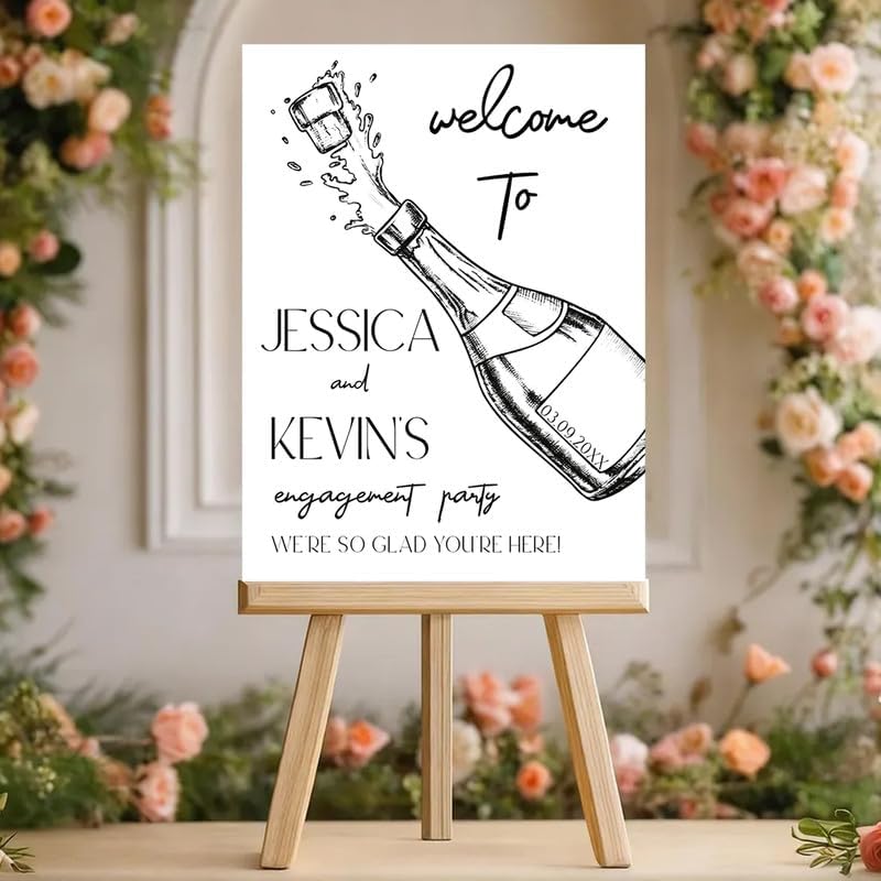 Champagne Pop Engagement Party Welcome Sign - Modern Black & White Design for Engagement Party Décor