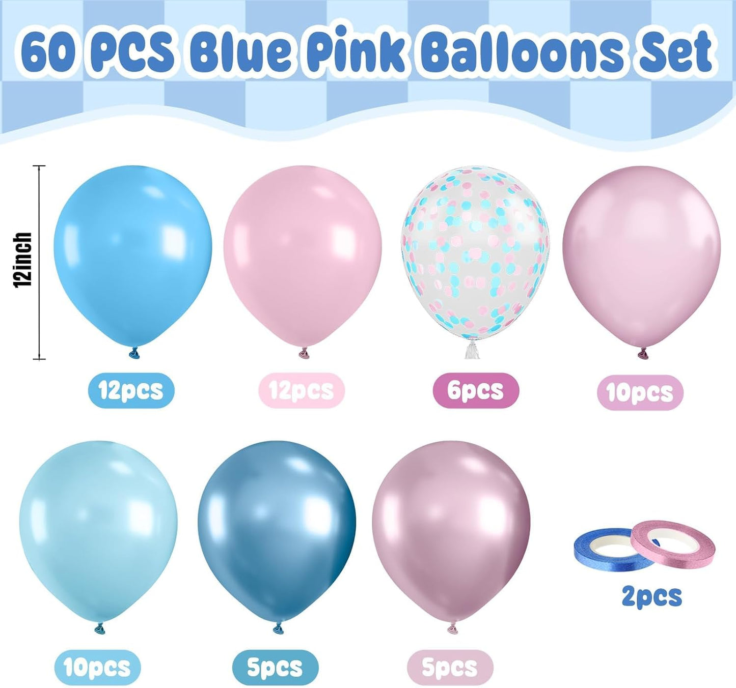 Paready Pastel Blue and Pink Balloons Set, 60Pcs Pearl Pink and Blue Balloons,12 Inch Pastel Confetti Balloons for Kids Girls Women Birthday Baby Shower Gender Reveal Birthday Party Supplies