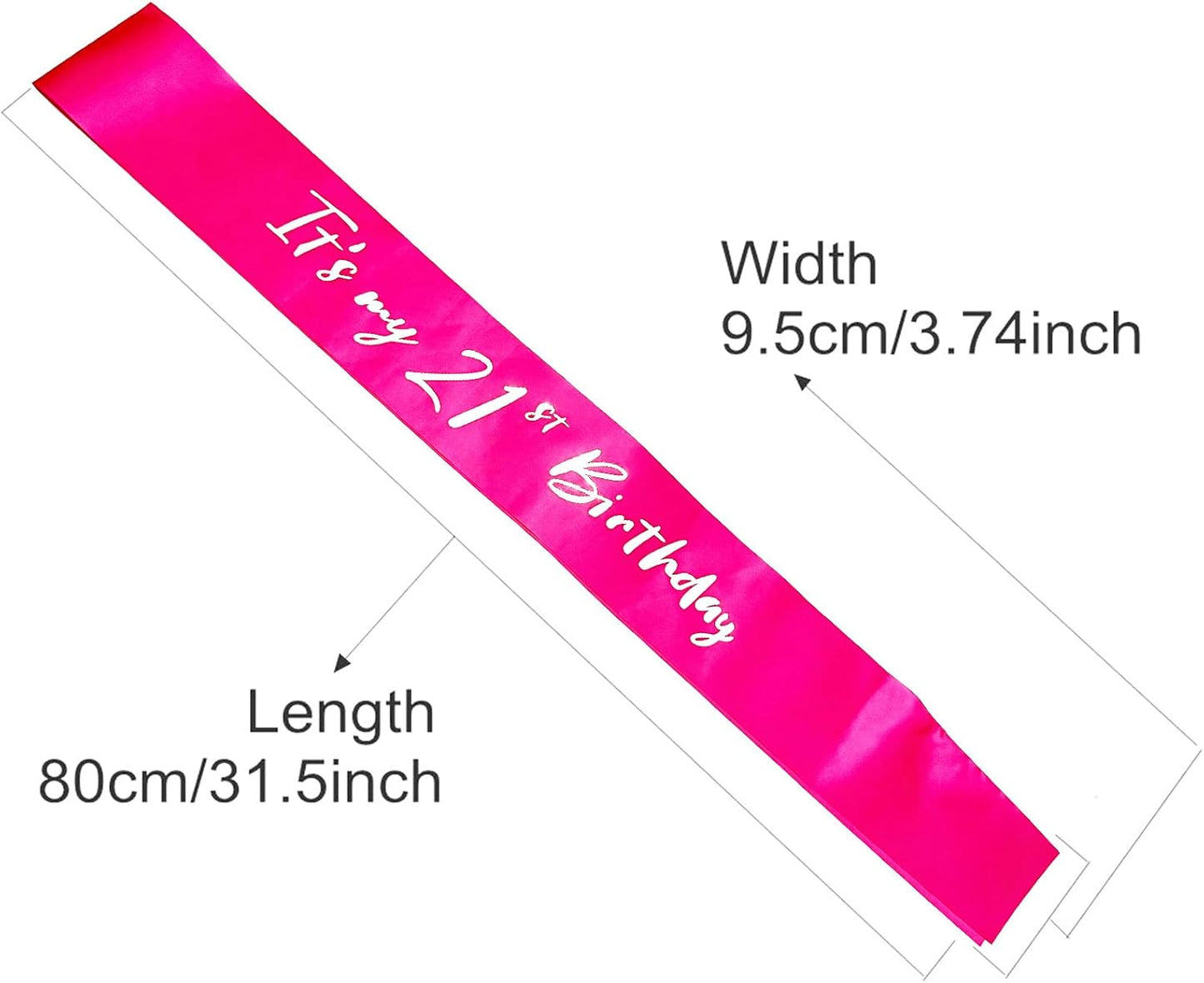 21st Birthday Sash, Hot Pink Satin Soft Sashes with Silver Foil Letter, Birthday Decorations for Girls, Happy 21st Birthday Party Favor Supplies,Pink Silver