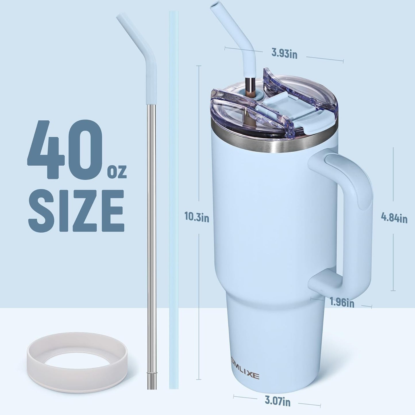 40 oz Tumbler with Handle and Straw Lid,Insulated Reusable Stainless Steel Water Bottle Travel Mug，Cupholder Friendly Double Wall Vacuum Sealed Cup (Sky Blue)