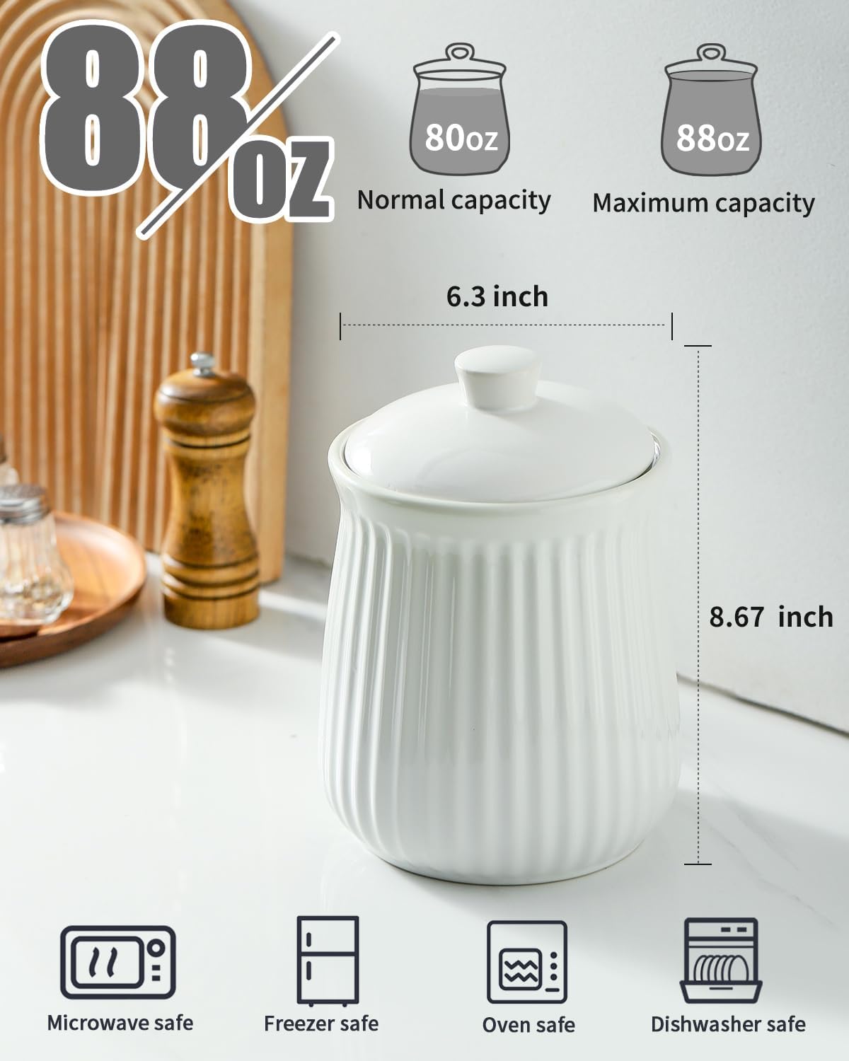Hasense Food Storage Containers with Lids, 88 oz Ceramic Food Storage Jar, Airtight Cookie Candy Jar for Coffee Beans, Tea-leave, Sugar, Salt, Flour, Spice, Dog Treat Container, Microwaveable, White
