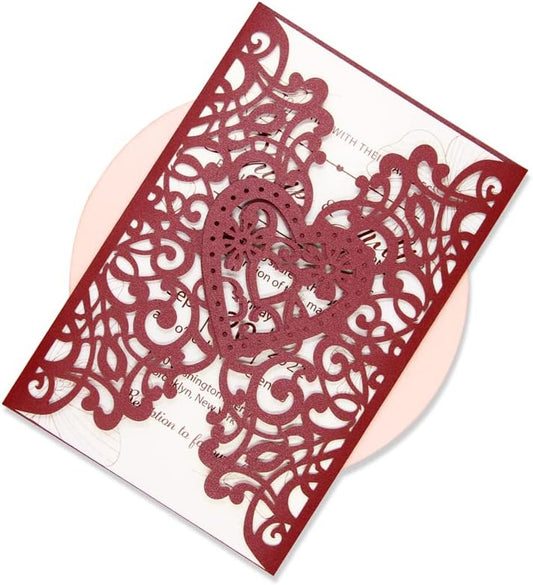FOMTOR Wedding Invitations Cards Laser Cut Kits 50 Packs Laser Cut Wedding Invitations with Blank Printable Cards and Envelopes for Wedding Birthday Partie Baby Shower (Wine Red)