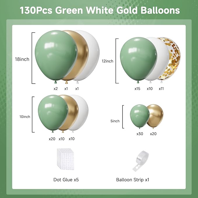 Sage Green Balloons Arch Kit,130pcs Gold Balloon Garland,Different Sizes 18 12 10 5 Inch Green and White Latex Balloons for Birthday Baby Shower Gender Reveal Wedding Party Decoration