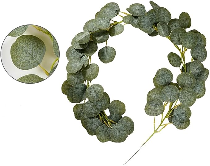 2 Pack Artificial Eucalyptus Garland Faux Silk Leaf Silver Dollar Eucalyptus Leaves Vines Handmade Garland Greenery Wedding Backdrop Indoor Outdoor Arch Wall and Party Home Decoration