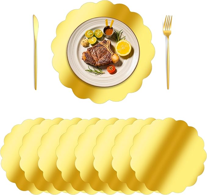 150 Pcs Scalloped Round Gold Paper Placemat for Dinner Plates,13.5" Round Disposable Place Mats Chargers Bulk Christmas Wedding Birthday Party Foil Paper Table Mats Decorative