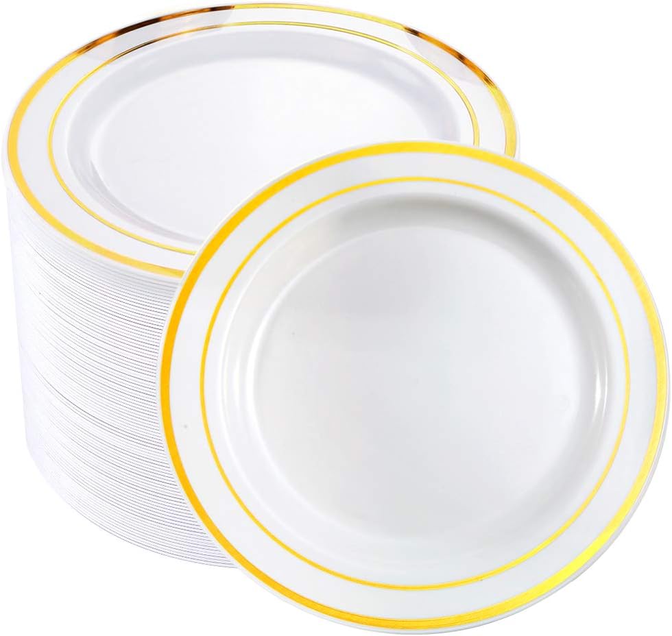 bUCLA 100Pieces Gold Plastic Plates -7.5inch White and Gold Disposable Salad/Dessert Plates - Ideal for Weddings, Party & Thanksgiving