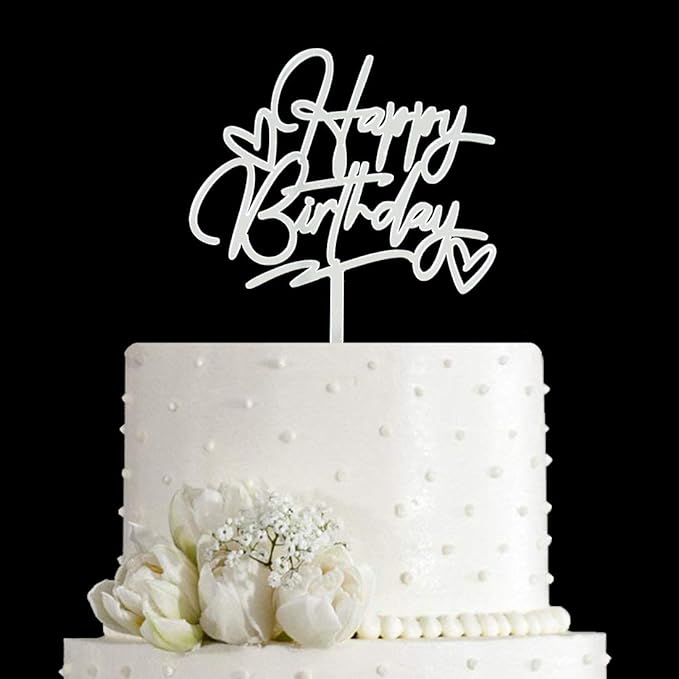 Happy Birthday Cake Topper - Birthday Party Decorations, Mirror Silver Acrylic