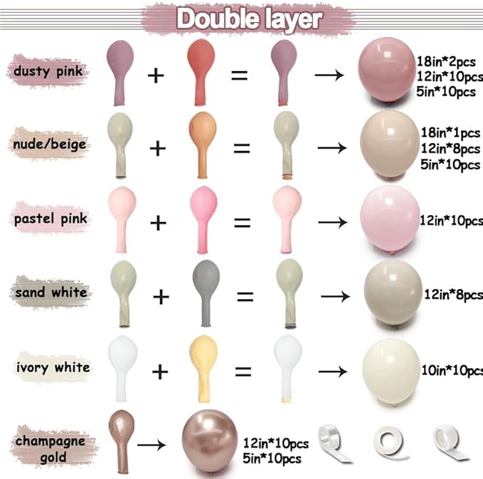 Dusty Pink Rose Balloon Garland Double Stuffed Mauve Light Pink Latex Blush Nude Beige Champagne Gold Balloon Arch Kit for Boho Birthday Baby Bridal Shower Neutral Wedding Party Decor