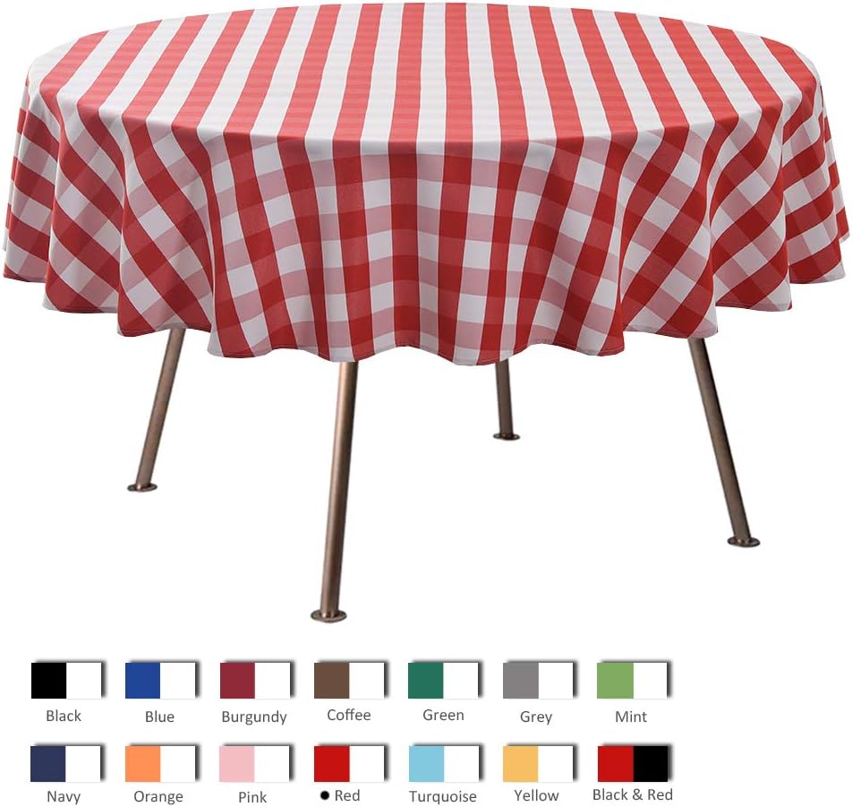maxmill Round Checkered Tablecloth Spillproof Wrinkle Free Heavy Weight Gingham Table Cloth for Circular Table Cover Buffalo Plaid for Buffet Banquet Parties Holiday Dinner 70 Inch Red and White