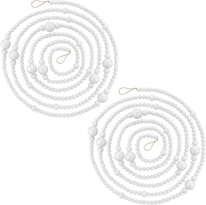 2PCS Christmas Wood Beads Garland 24 Feet Wooden Bead Garland Boho Ornaments for Christmas Tree, Xmas Vintage Rustic Farmhouse Round Craft Bead Hanging Holiday Decorations(White)