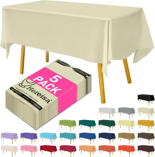 Disposable Plastic Tablecloth Ivory 54x108 Inch, 5-Pack Waterproof Rectangular Table Cover for Parties, Picnics, Dining Protection