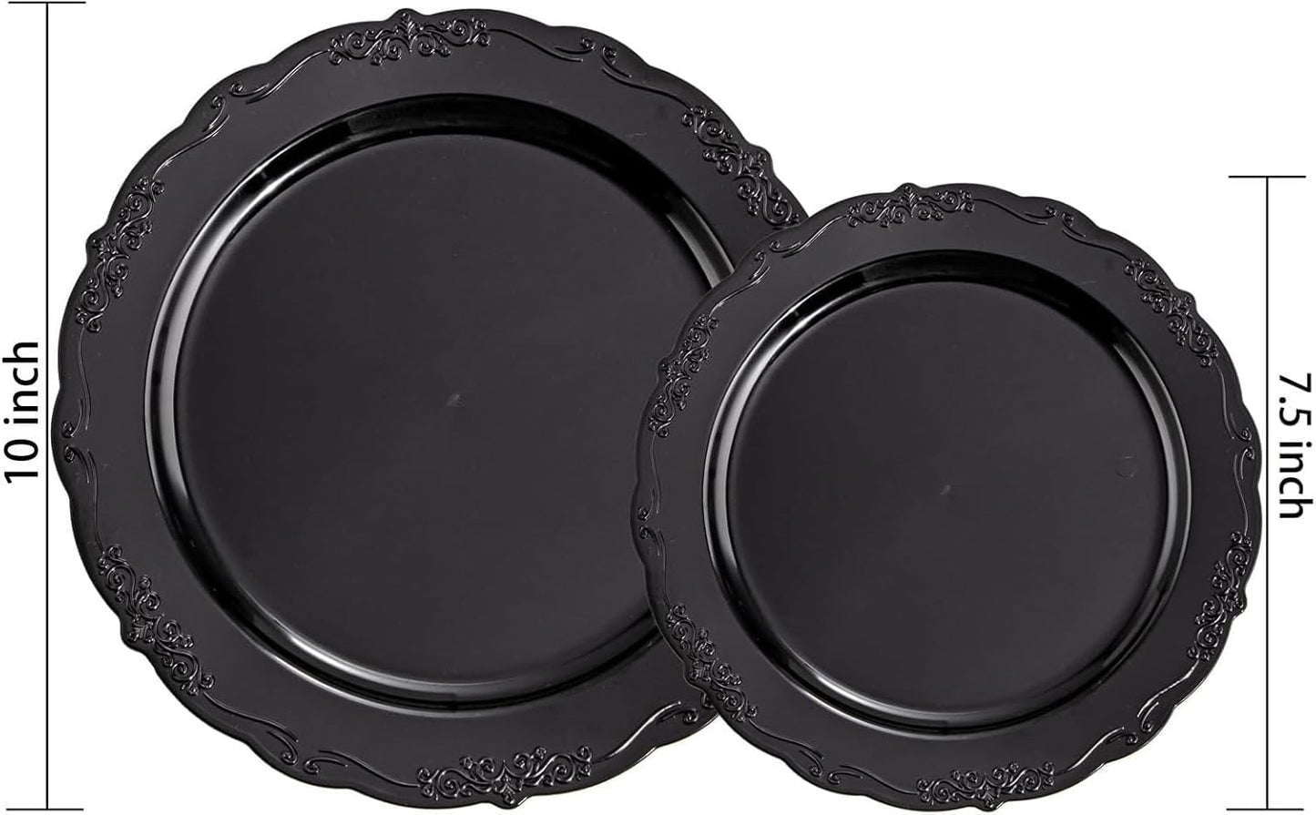 U-QE 100PCS Black Plastic Plates - Heavy Duty Halloween Disposable Plates Including 50PCS 10'' Dinner & 50PCS 7.5'' Dessert Plates - Hard Plastic Plate for Halloween & Party & Wedding