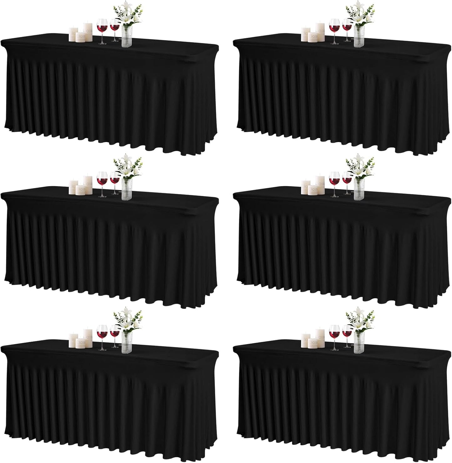 JCJ Table Skirt for Rectangle Tables Set of 6 Spandex Fitted Black Tablecloths for 6FT Tables, Wrinkle Resistant Ruffles Elastic Table Cover Skirts for Teacher Desk Weddings Banquets Parties