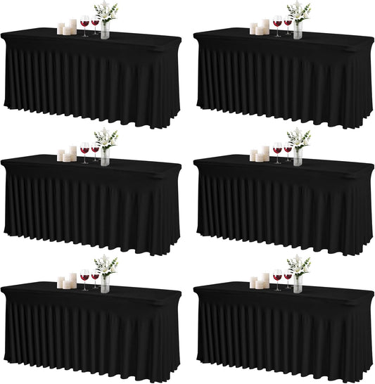 JCJ Table Skirt for Rectangle Tables Set of 6 Spandex Fitted Black Tablecloths for 6FT Tables, Wrinkle Resistant Ruffles Elastic Table Cover Skirts for Teacher Desk Weddings Banquets Parties
