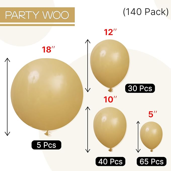 PartyWoo Tan Balloons 140pcs Different Sizes of 18 12 10 5 Inch Light Brown Neutral Boho Coffee Balloon Arch Kit Garland for Wedding Baby Shower Safari Woodland Birthday Party Decorations Brown-F19