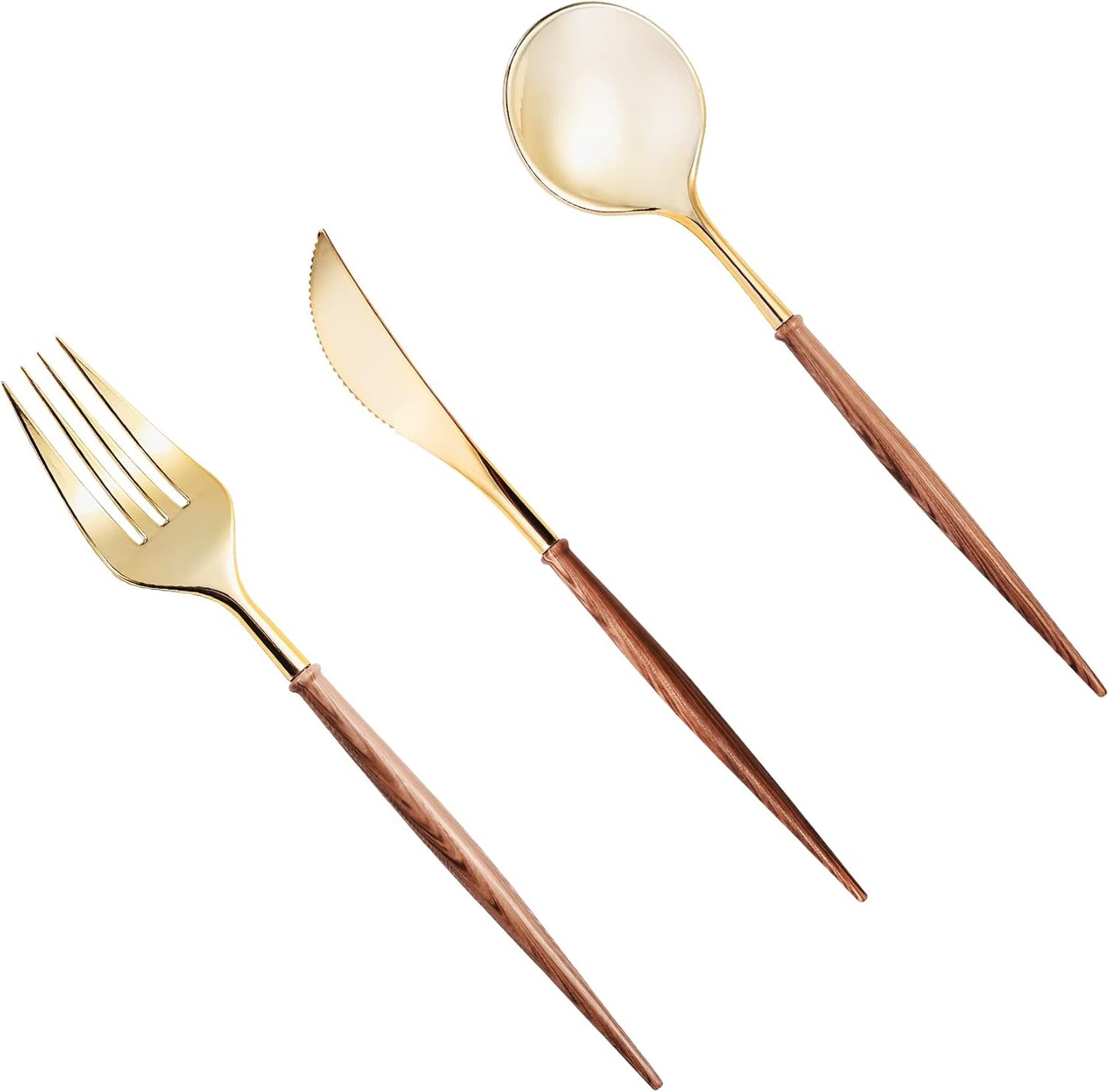 Lullaby 240PCS Gold Plastic Silverware, Gold Disposable Cutlery with Wood Grain Handle Include 80 Forks, 80 Spoons, 80 Knives, Elegant Disposable Silverware for Wedding, Party, Gathering, Daily Use