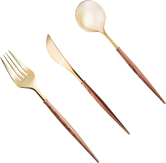 Lullaby 240PCS Gold Plastic Silverware, Gold Disposable Cutlery with Wood Grain Handle Include 80 Forks, 80 Spoons, 80 Knives, Elegant Disposable Silverware for Wedding, Party, Gathering, Daily Use
