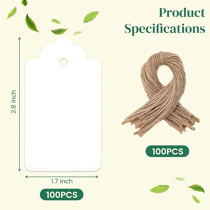 SallyFashion 100pcs Gift Tags with String Attached, 1.7 x 2.8 inch Kraft Paper Hang Tags for Clothes DIY Crafts Wedding Holiday (White)