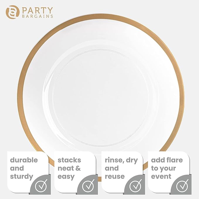 PARTY BARGAINS 13-Inch Charger Plates - 8 Pack, Clear Gold Rim, Heavy-Duty Disposable Chargers for Elegant Dining - Ideal for Weddings and Formal Events