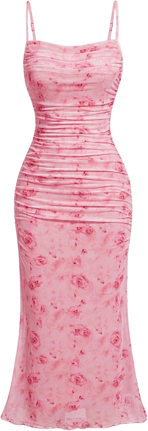 GORGLITTER Women's Floral Ruched Bodycon Midi Dress Mesh Sleeveless Fishtail Cami Dresses