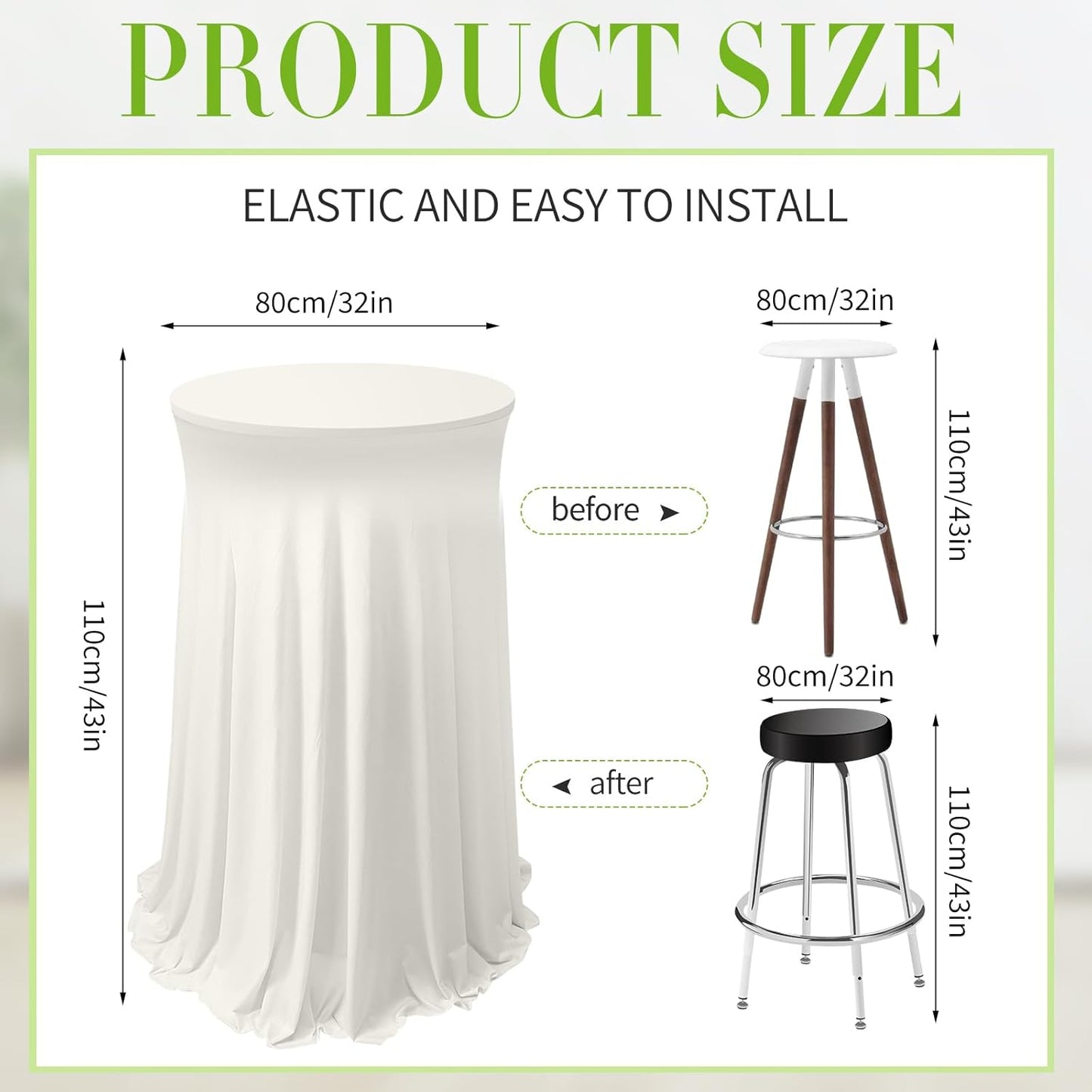Tegeme 1 Pack 32 x 43 Inch Round Spandex Cocktail Tablecloths with Skirt Cocktail Round Table Cover Spandex Stretch Tablecloth for Fitted High Top Table Bar Wedding Party Banquet (Ivory)