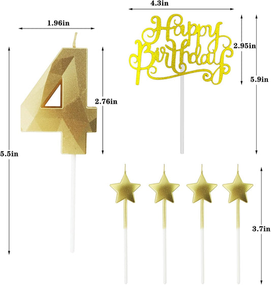 Golden Number 40 Birthday Candles and Star Birthday Candles, 2.76 inch, 3D Diamond Shaped, Suitable for Birthday Parties and Anniversary Cake Decorations