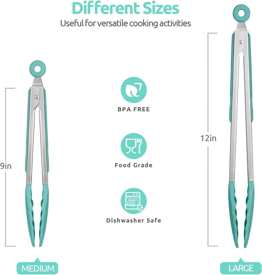 600ºF Heat Resistant Kitchen Tongs: U-Taste 9+12 inch Silicone Cooking Tong Set with Firm Sealed Non Stick Rubber Tips and Silicon Coated 18/8 Stainless Steel Handle for Serving Grilling (Aqua Sky)