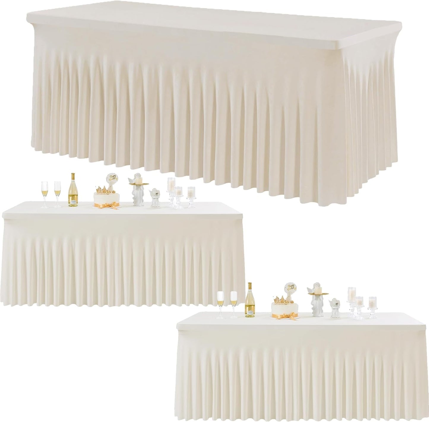 3 pk Spandex Ivory Table Clothes for 6 Foot Rectangle Tables, Stretch Table Cloths 6 ft Fitted Table Cover Desk Skirt for Parties Weddings Birthday Banquet Baby Shower