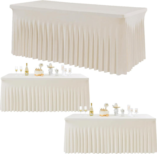 3 pk Spandex Ivory Table Clothes for 6 Foot Rectangle Tables, Stretch Table Cloths 6 ft Fitted Table Cover Desk Skirt for Parties Weddings Birthday Banquet Baby Shower