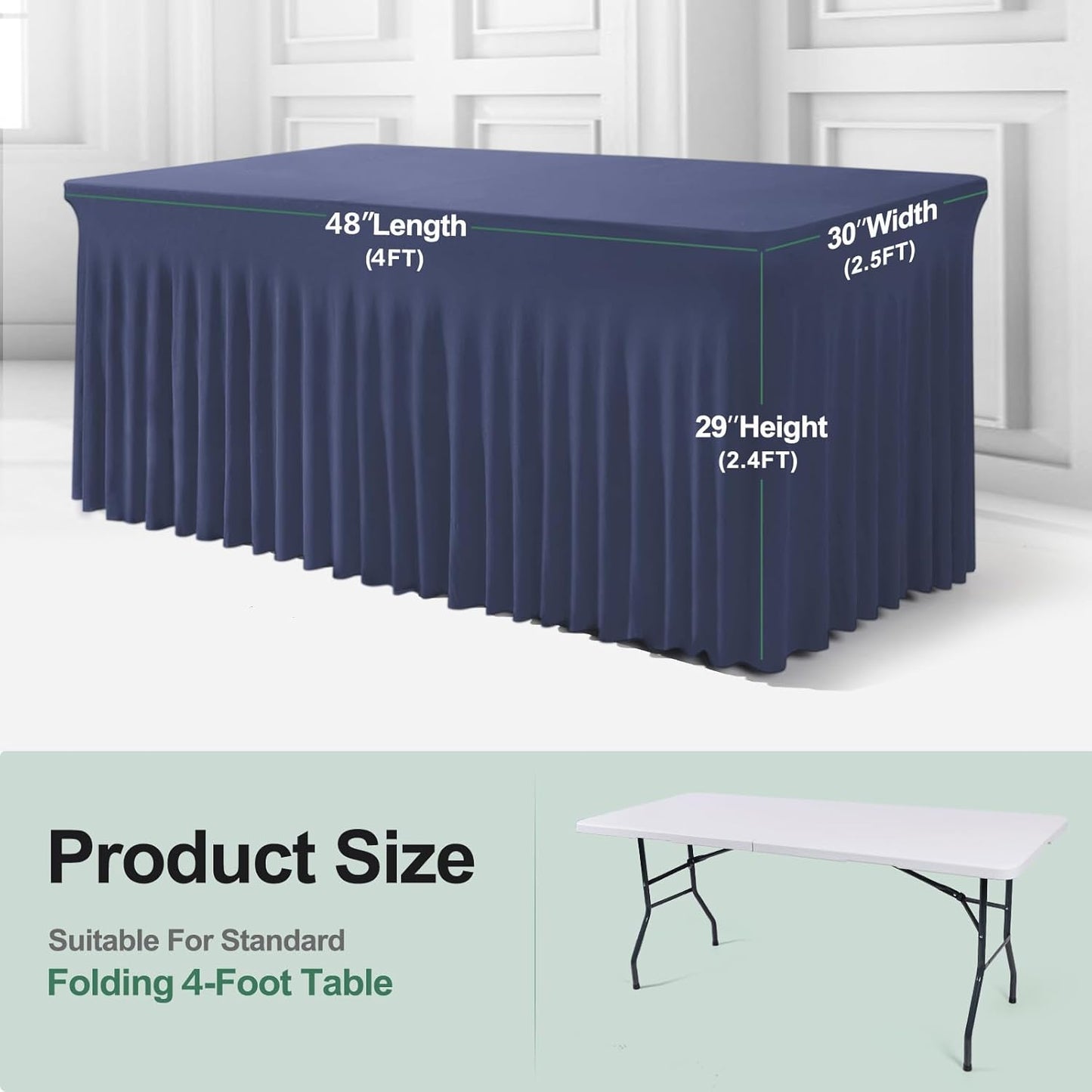 Table Skirt for 4 Foot Tables - One-Piece Navy Blue Tablecloths and Skirt, Wrinkle Resistant Ruffles Elastic Cover for Banquets, Weddings, Events, Parties