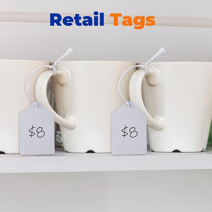 Price Tags with Strings Attached, 1000pcs Marking White Merchandise Hang Tags Labels for Goods Gifts Jewelry Clothing Garage Yard Rummage Sale Supplies 1 3/8" x 2 1/8"