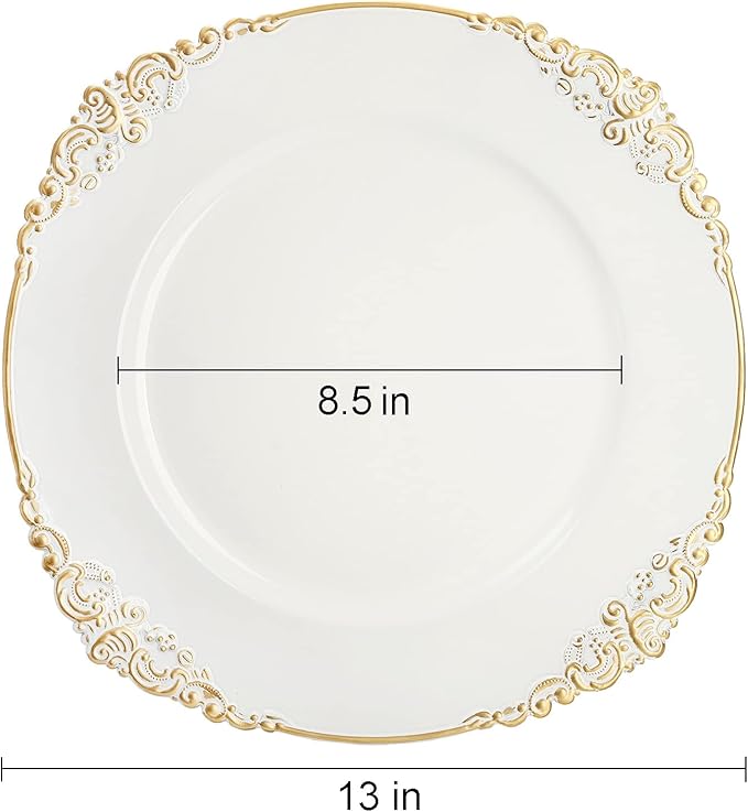 Okllen 12 Pack Plastic Round Charger Plates, 13" Dinner Charger Dessert Plates with Gold Rim, Vintage Charger Serving Plates for Catering, Wedding, Tabletop Decor, White, Floral Trim