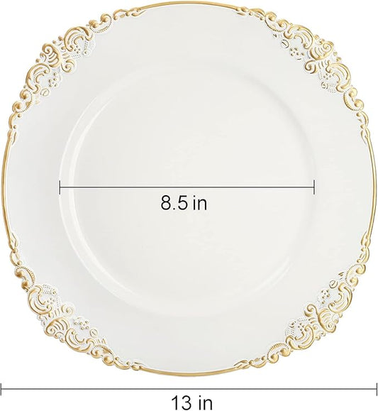 Okllen 12 Pack Plastic Round Charger Plates, 13" Dinner Charger Dessert Plates with Gold Rim, Vintage Charger Serving Plates for Catering, Wedding, Tabletop Decor, White, Floral Trim