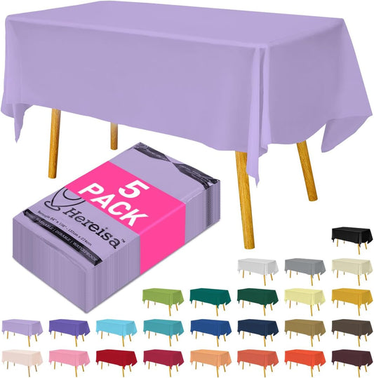 Disposable Plastic Tablecloth Lavender 54x108 Inch, 5-Pack Waterproof Rectangular Table Cover for Parties, Picnics, Dining Protection