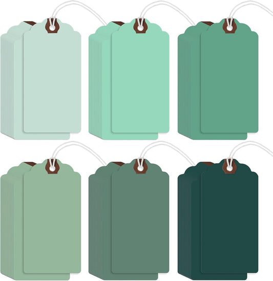 Outus 60 Pcs 4 3/4-in x 2 3/8-in Blank Large Paper Gift Tags with String and Reinforced Eyelet Wire Writable Price Tags Shipping Labels Inventory Labels(Gradient Green)