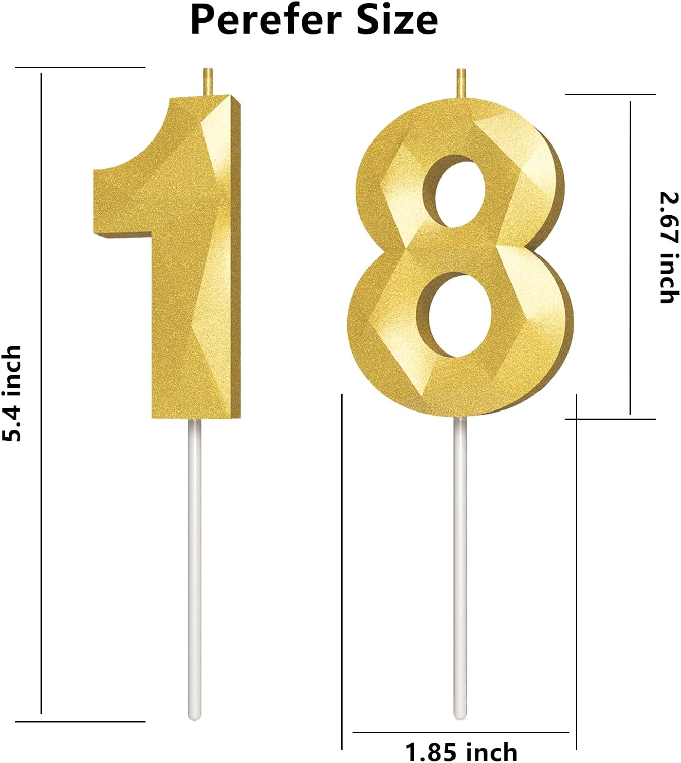 Number Birthday Candles(18 Candle Gold) 3D Diamond Shape Number Happy Birthday Cake Candles for Birthday Party Wedding Decoration Reunions Theme Party