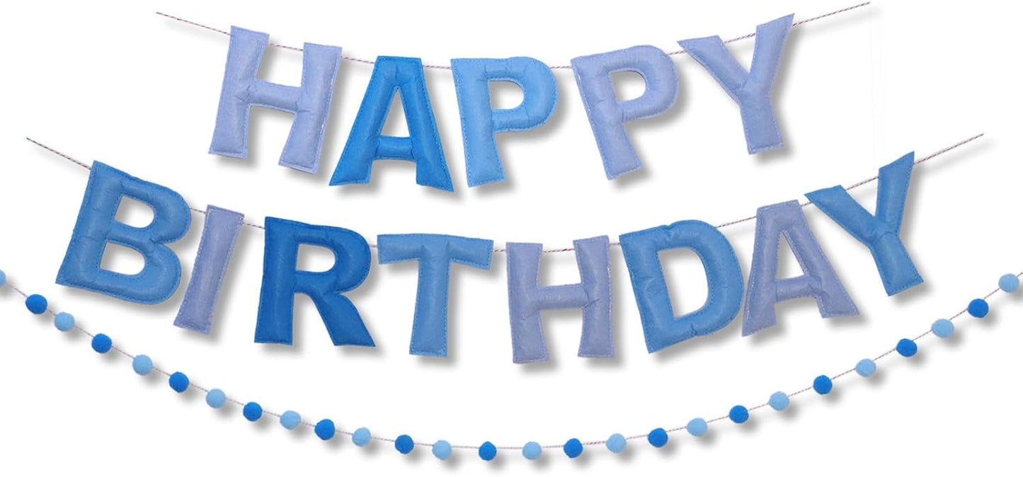Blue Happy Birthday Banner Felt Ball Garland Pre-Strung Happy Birthday Sign for Party Backdrop Decorations Photo Prop
