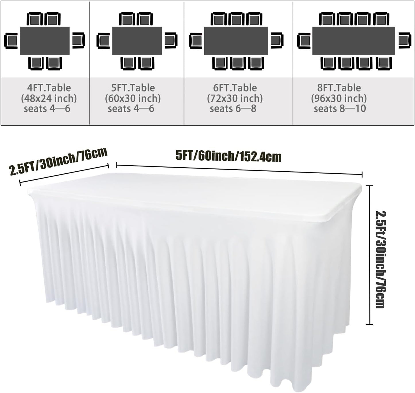 2 Pack Table Skirt for 5 Foot Rectangle Tables - 60" L x 28" W x 30" H White Stretch Spandex Fitted Tablecloth | Machine Washable & Wrinkle Resistant | for Banquet, Birthday, Party Decor