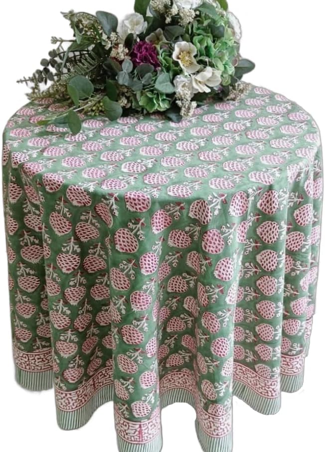ATOSII Roma Green 100% Cotton Round Tablecloth, Handblock Print Floral Table Cloth for Kitchen Dining Linen I Parties, Weddings, Outdoors, Spring Summer Decor I 72" Inches Round