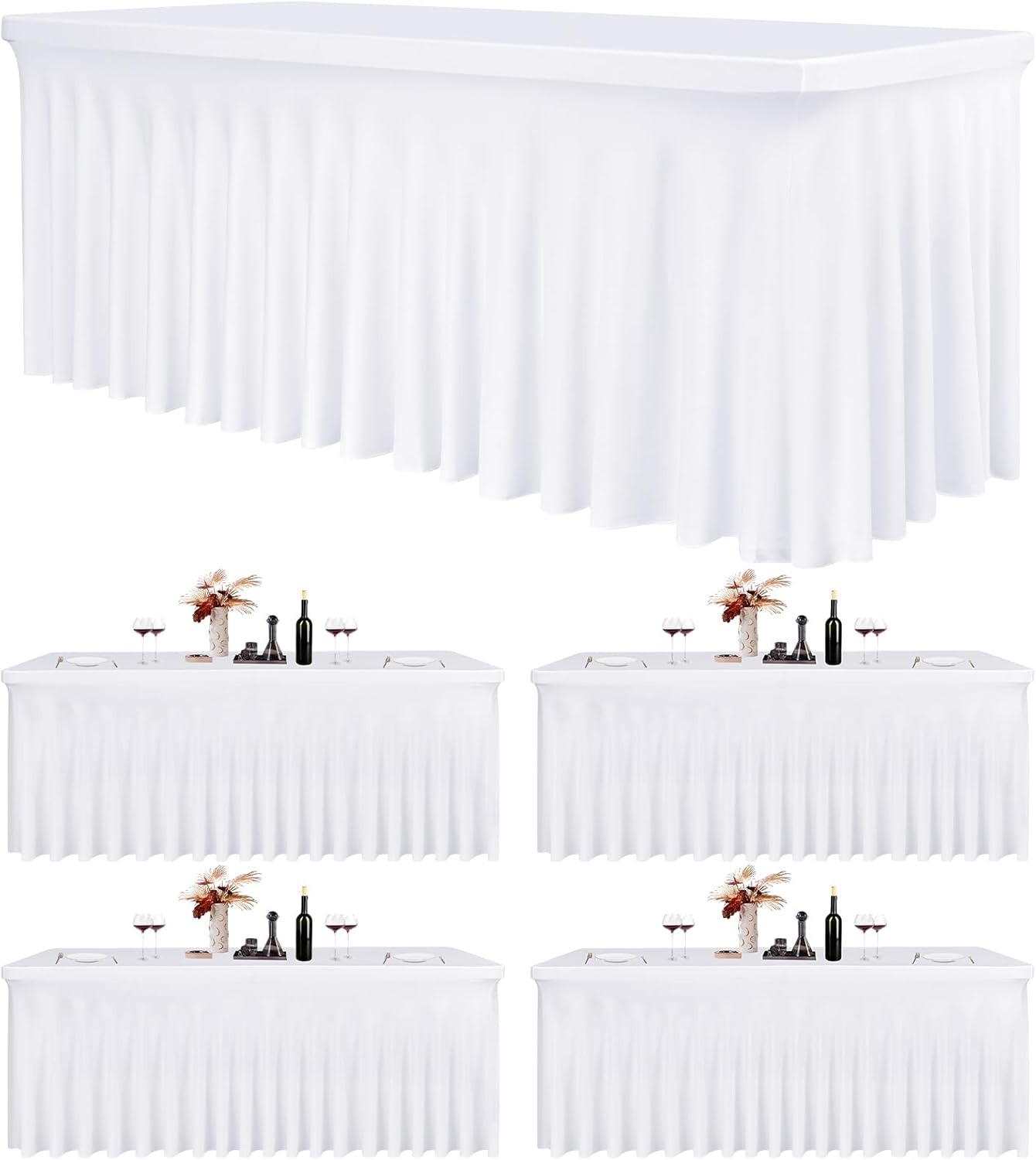 4 Pack 6Ft Spandex Table Skirts Fitted White Stretch Tablecloth, One-Piece Wrinkle-Resistant Ruffles Design Table Cover and Skirt for Wedding Party Banquet Event Trade Show