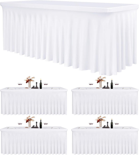 4 Pack 6Ft Spandex Table Skirts Fitted White Stretch Tablecloth, One-Piece Wrinkle-Resistant Ruffles Design Table Cover and Skirt for Wedding Party Banquet Event Trade Show